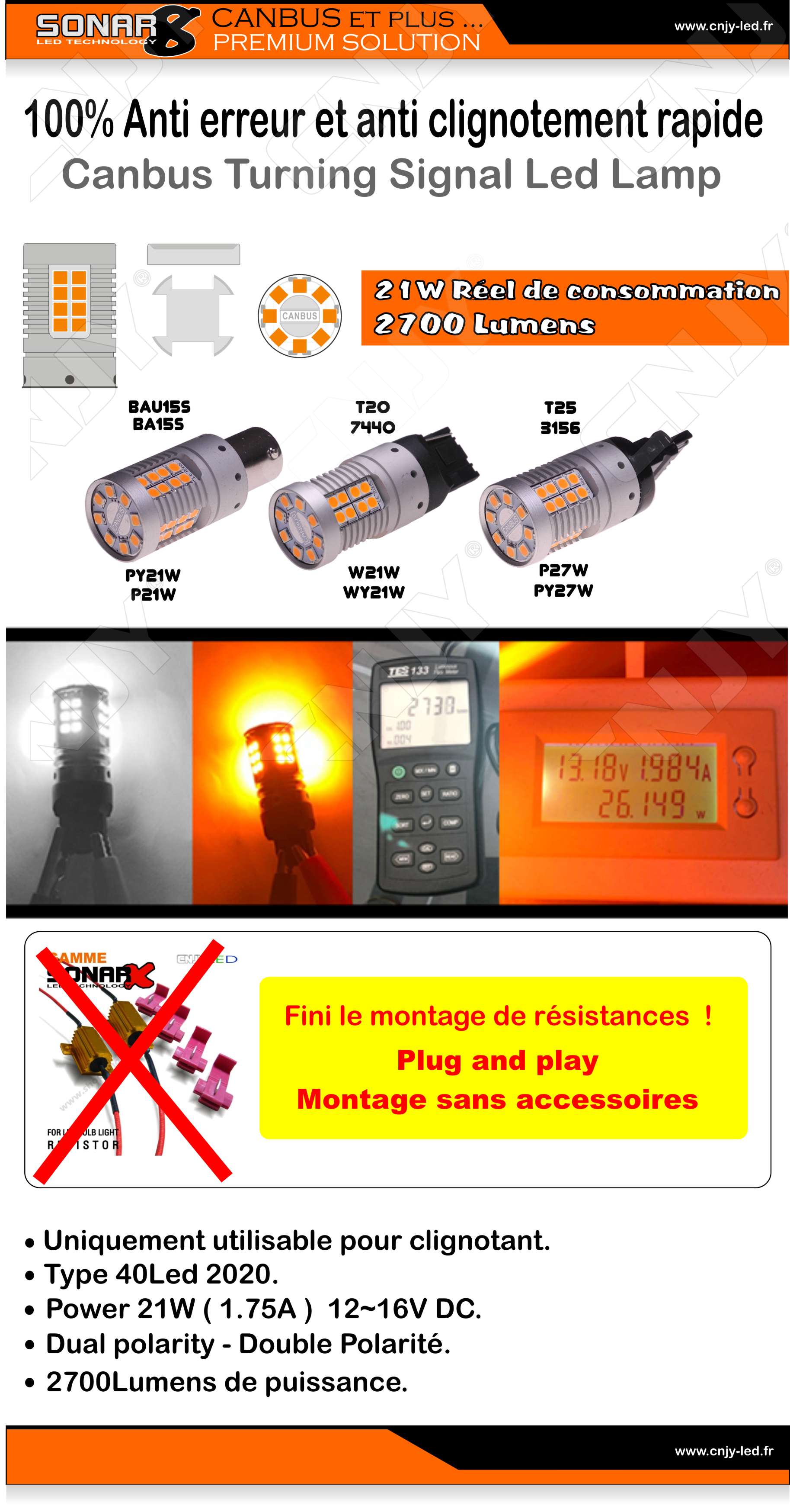 Ampoule led pour clignotant orange anti erreur ODB Canbus Sonar 8 et anti clignotement rapide Bau15S Ba15S Py21W P21W Wy21W W21W P27W PY27W 7440 T20 3156 T25